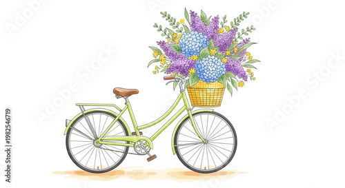 Lime green bicycle with basket full of colorful spring flowers