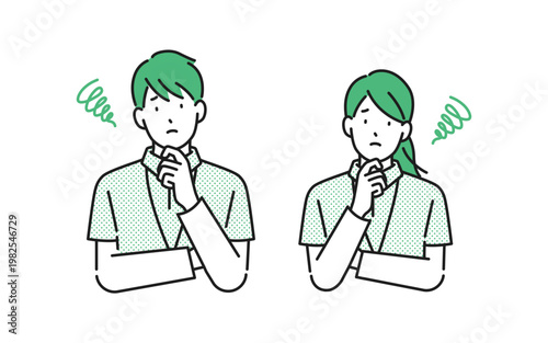 イラスト素材【介護イメージ】：悩んでいる若い男女の介護士