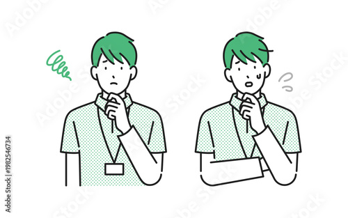 イラスト素材【介護イメージ】：悩んだり困っている男性介護士