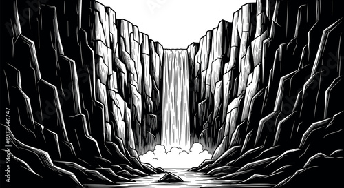 Waterfall Canyon Landscape Black White Engraving Style Nature Mountain Cliff Vector Illustration