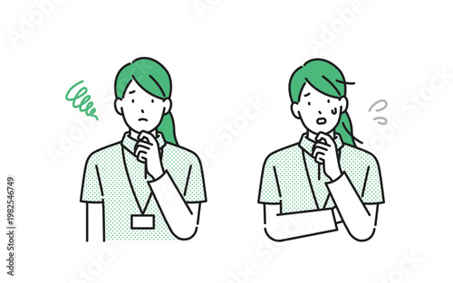 イラスト素材【介護イメージ】：悩んだり困っている若い女性介護士