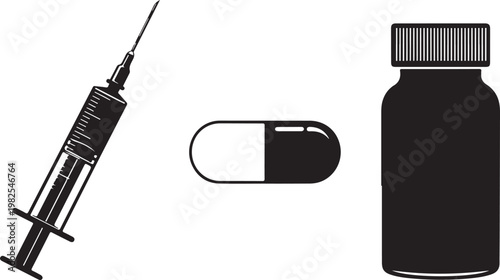 Medical syringe capsule and pill bottle for healthcare and medicine concepts Isolated on white background