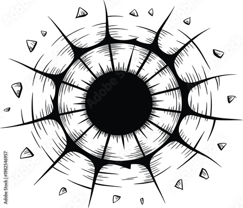 Minimalist geometric snowflake abstract design element with scattered dots on dark