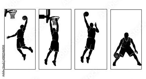 Four black silhouette basketball players jumping and playing in sequence on white background
