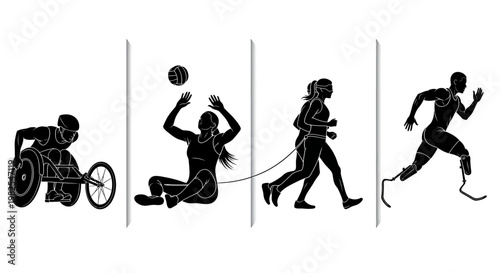 Disabled athletes in various sports with wheelchair running and guiding