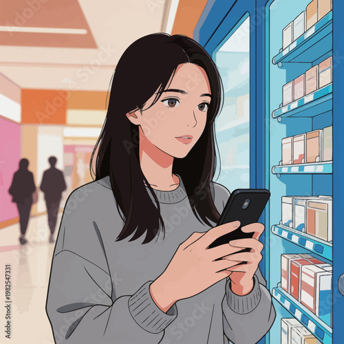 Extremely beautiful cute young redheaded student girl walking down the shopping center while actively texting via her smartphone and smiling.