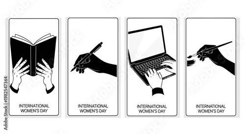 International women's day icons set with hands reading book writing and using laptop