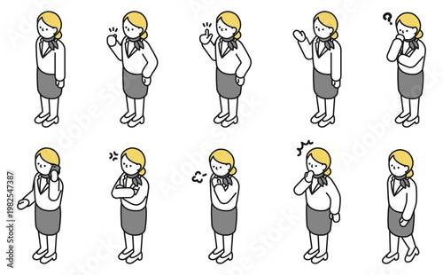 アイソメトリックイラスト：色々なポーズのキャビンアテンダント女性