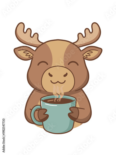 Cartoon Moose Holding Coffee Mug.