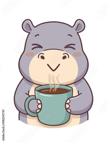 Cartoon rhino holding coffee mug.