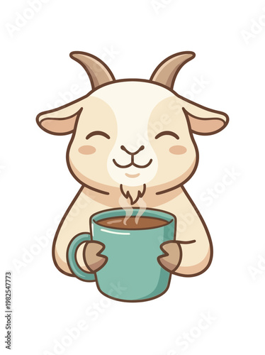 Cute Goat Holding Coffee Mug.
