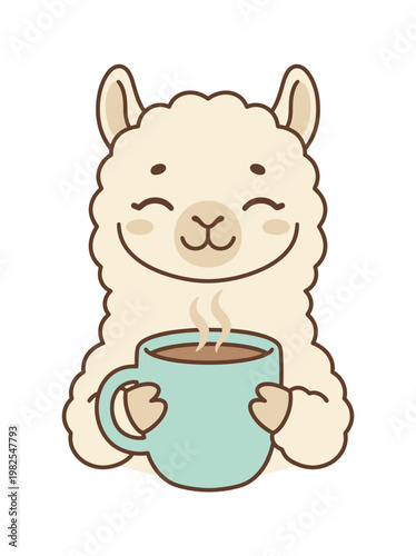 Cute Llama Holding Coffee Mug.