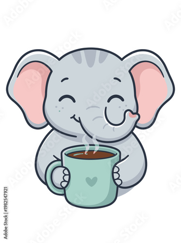 Smiling Elephant Holding Coffee Mug.