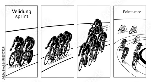 Cyclists racing in velodrome sprint and points race events on track