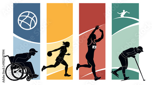 Paralympic athletes in motion sports icons vector illustration disability awareness athletic silhouettes colorful