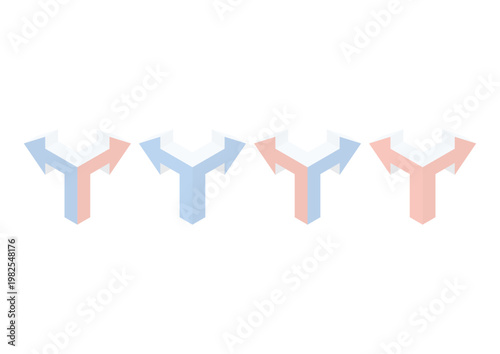 二手に分かれたアイソメトリックな矢印のセット（青・赤）