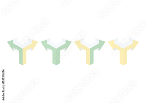 二手に分かれたアイソメトリックな矢印のセット（緑・黄色）