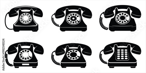 Silhouette Collection Of Vintage Rotary Dial Telephones On White Background retro