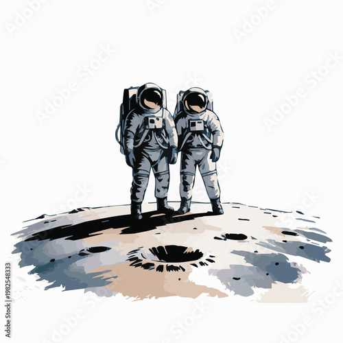 Vector artwork showing two astronauts on the lunar surface in outer space, designed with clean shapes, detailed suits, and a quiet, mysterious space exploration scene.
