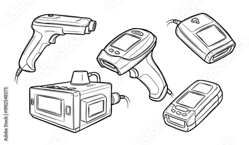 Loose sketch style handheld barcode scanner outline icons for retail logistics and inventory systems vector