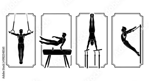 Gymnastics silhouettes in various poses on white background with black outlines