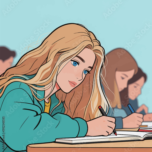 Young Blonde Girl Studying in Classroom
