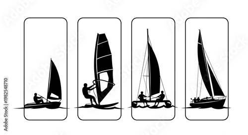 Sailing and windsurfing silhouettes on water various boats and sports equipment