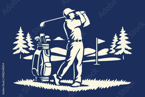 Simple line vector illustration of a man swinging a golf club, hitting a ball on a golf course, showing a professional and hobby activity with clean minimal design.