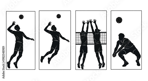 Volleyball players in action jumping spiking blocking and diving in black silhouette sequence