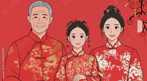 Chinese Family in Traditional Red Wedding Attire