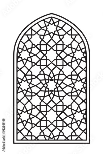 Black and white vector illustration of a window filled with mosaic patterns, designed for coloring, featuring clean lines, geometric shapes, and even decorative symmetry.