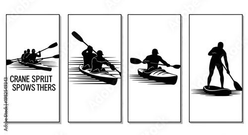 Water sports vector illustrations of kayaking and paddleboarding in black silhouette on white background