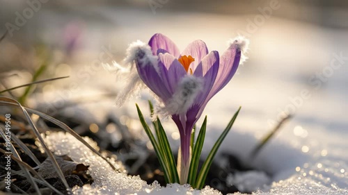 Frosty purple crocus flower blooming through winter snow 4K Video
