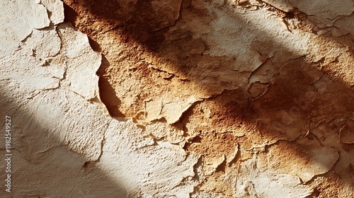 Organic clay wall background with imperfect texture and natural sunlight shadow, wabi sabi minimal aesthetic, neutral artistic surface for modern branding