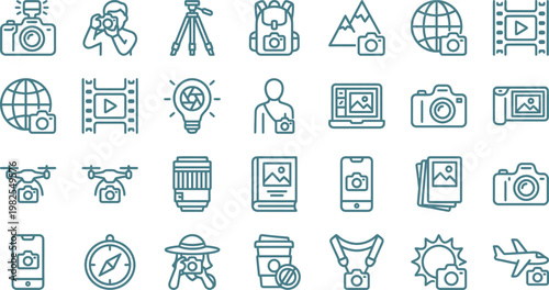 A comprehensive collection of photography and videography line icons, illustrating cameras, equipment, and related concepts.