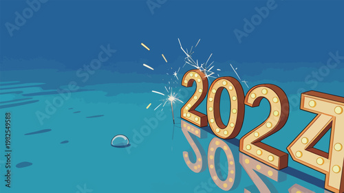 2024 New Year Celebration with Sparklers and Reflection