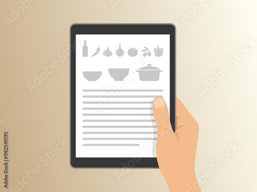 A right hand gently grips a digital tablet displaying a culinary recipe featuring gray icons of various vegetables, condiments, mixing bowls, and a cooking pot situated above horizontal lines of text