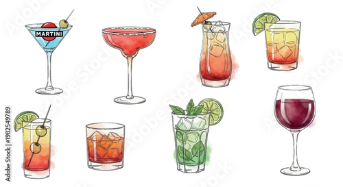 Cocktail, drink, and wine, vector icons, 8 elements, colorful, illustration set