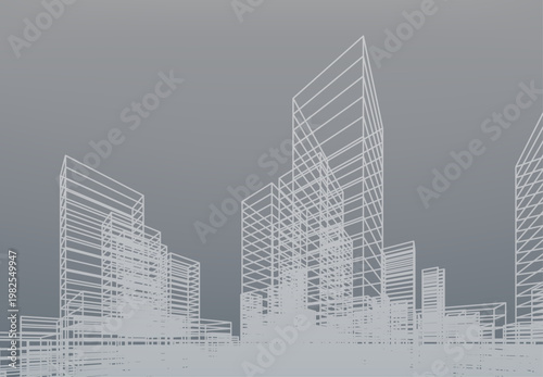 グレー背景に白いワイヤーフレームで描かれた未来都市の建築構造イメージ・都市開発やテクノロジーを象徴する抽象イラスト