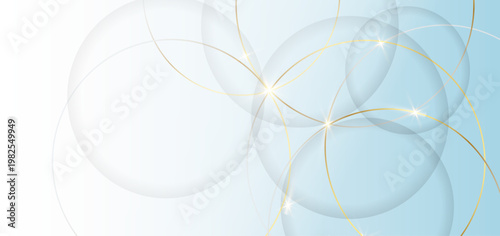透明感のあるブルーグラデーションと重なり合う円形デザインにゴールドラインが輝く上品で未来的な抽象背景素材