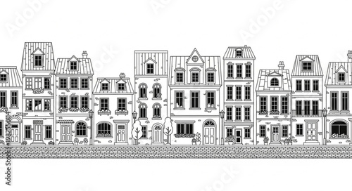 Sketch of Old European Buildings Facade.