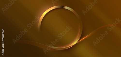 高級感のあるゴールドリングが浮かぶブラウン系グラデーションと流れる光のラインが美しい抽象ビジネス背景素材