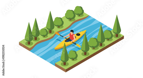 A person in a red shirt paddles a yellow kayak down a winding blue river bordered by lush green grass and several coniferous trees under a bright summer sun.