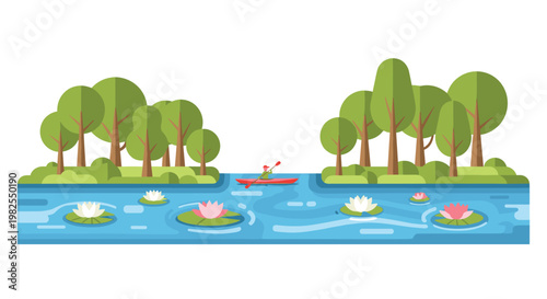 A solitary adventurer in a vibrant red kayak navigates a tranquil blue river filled with blooming water lilies under a bright and clear summer sky.