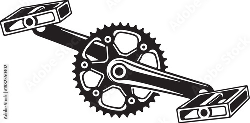 Bicycle crankset with pedals and chainring silhouette for cycling lovers mountain bike parts black and white vector illustration for sport themed designs and apparel.