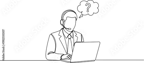 Continuous line drawing Businessman thinking, puzzled man with laptop, confused employee, office worker vector