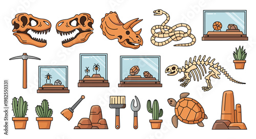 A diverse collection of desert-themed icons including dinosaur skulls and cactus plants is scattered across a clean white background in a flat style with warm tones.
