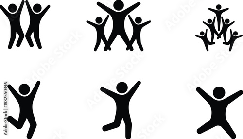Six Black Silhouettes of People Celebrating and Jumping with Arms Raised on White group celebration