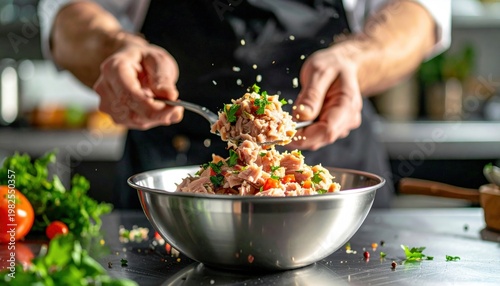 Chef preparing fresh flaked tuna salad in a metallic bowl with herbs and vegetables