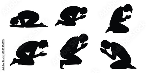 Six Black Silhouettes of People Kneeling and Praying on a White Background prayer